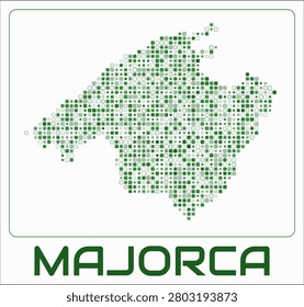Majorca digital style map. Small roundedSquare dots on white background. Dotted shape of the island. Majorca map and title. Stylish vector illustration.