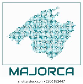 Majorca digital style map. Small square dots on white background. Dotted shape of the island. Majorca map and title. Creative vector illustration.
