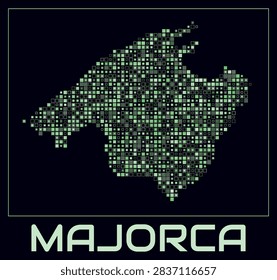 Majorca digital style map. Small square dots on dark background. Dotted shape of the island. Majorca map and title. Stylish vector illustration.