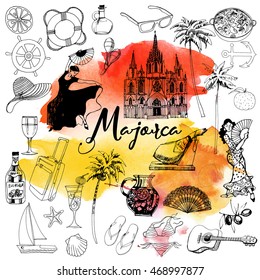 Majorca. Hand drawing vector set of Majorca. Watercolor texture