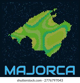 Majorca hexagon dots map. Spain. Digital style shape of the island. Majorca map and title. Tiny green colored hexagons, sparse blue dots at background. Vector Illustration.