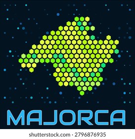 Majorca hexagon dots map. Spain. Digital style shape of the island. Majorca map and title. Large green colored hexagons, sparse blue dots at background. Vector Illustration.