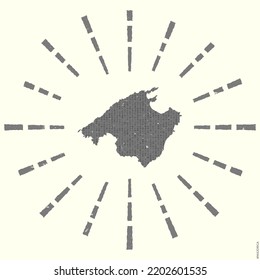 Majorca Logo. Grunge sunburst poster with map of the island. Shape of Majorca filled with hex digits with sunburst rays around. Cool vector illustration.