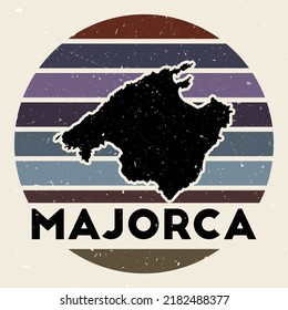 Majorca logo. Sign with the map of island and colored stripes, vector illustration. Can be used as insignia, logotype, label, sticker or badge of the Majorca.