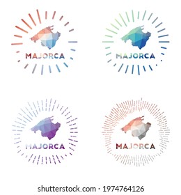 Majorca low poly sunburst set. Logo of island in geometric polygonal style. Vector illustration.