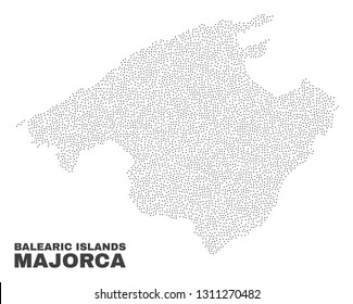 Majorca map designed with little points. Vector abstraction in black color is isolated on a white background. Scattered little particles are organized into Majorca map.
