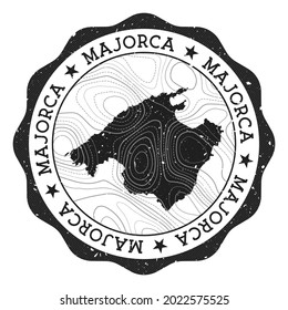 Majorca outdoor stamp. Round sticker with map of island with topographic isolines. Vector illustration. Can be used as insignia, logotype, label, sticker or badge of the Majorca.