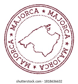 Majorca round rubber stamp with island map. Vintage red passport stamp with circular text and stars, vector illustration.