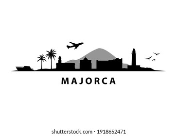 Mallorca Spanische Tropeninsel Landschaft | Schwarze Vektorgrafik - Silhouette	