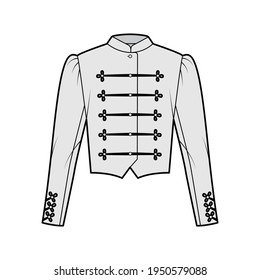 Majorette jacket technical fashion illustration with crop length, long leg o Mutton sleeves, stand collar, button frog closure. Flat blazer template front, grey color style. Women, men CAD mockup