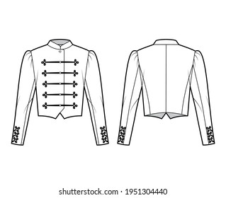 Majorette jacket technical fashion illustration with crop length, long leg o Mutton sleeves, stand collar, button frog closure. Flat blazer template front, back white color style. Women men CAD mockup