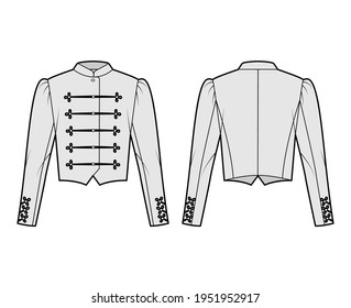 Majorette jacket technical fashion illustration with crop length, long leg o Mutton sleeves, stand collar, button frog closure. Flat blazer template front, back grey color style. Women, men CAD mockup