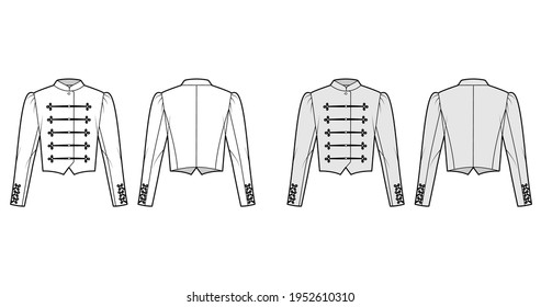 Majorette jacket technical fashion illustration with crop length, long leg o Mutton sleeves, stand collar, button frog closure. Flat blazer template front, back, white, grey color. Women CAD mockup