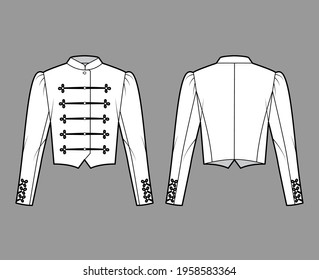 Majorette jacket technical fashion illustration with crop length, long leg o Mutton sleeves, stand collar, button frog closure. Flat blazer template front, back white color style. Women men CAD mockup