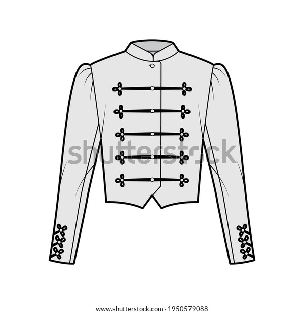 Majorette jacket technical fashion illustration\
with crop length, long leg o Mutton sleeves, stand collar, button\
frog closure. Flat blazer template front, grey color style. Women,\
men CAD mockup