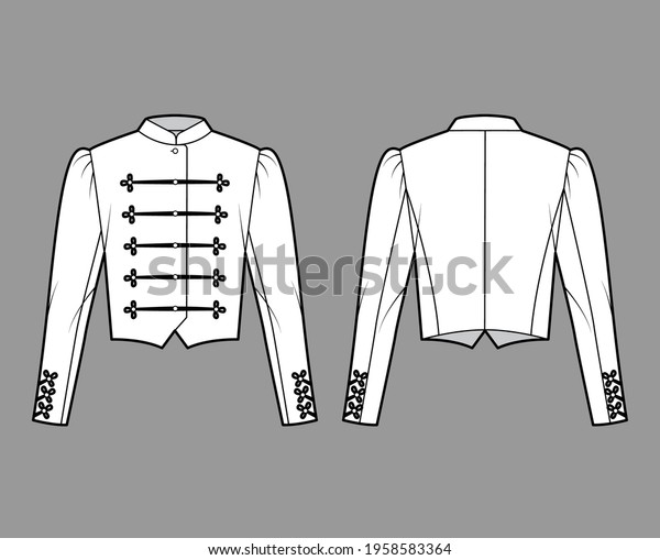 Majorette jacket technical fashion illustration\
with crop length, long leg o Mutton sleeves, stand collar, button\
frog closure. Flat blazer template front, back white color style.\
Women men CAD mockup