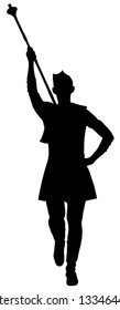 Majorette woman performing skills vector silhouette illustration isolated. Smiling dancer girl on carnival parade. Street performer music event. Public festival lady in costume event celebration.