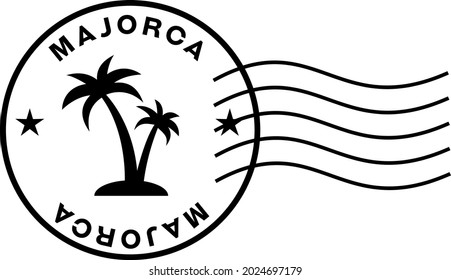 majorka stamp sign with postage markings. Circular stamp with palm trees inside, words Majorca and wavy postage marks.