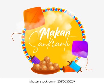 Makar Sankranti 2020 creative vector illustration with festival elements kite and sun with space available for editing and frames.