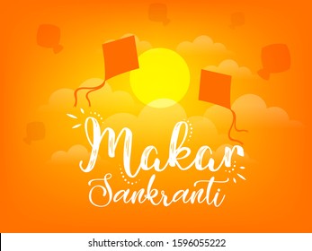 Makar Sankranti 2020 creative vector illustration with festival elements kite and sun with space available for editing and frames.