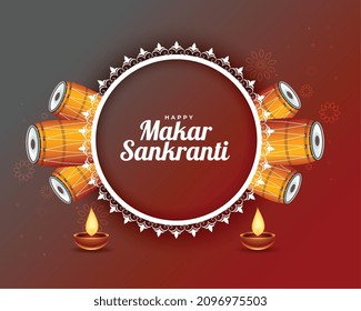 makar-sankranti-Hintergrund mit Drummeln und Diya-Lampe