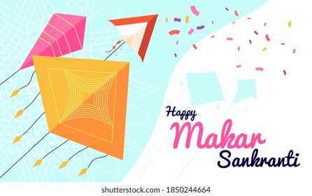 Makar sankranti banner. Festival promotional poster, happy celebration background with flying kites. Asian indian party utter vector flyer