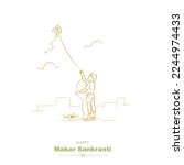 makar sankranti boy flying kite line drawing