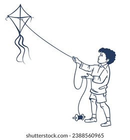 makar sankranti boy flying kite line simple drawing illustration svg