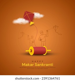 Makar sankranti boy flying kite line drawing with string spool and kite. Creative vector illustration. svg