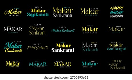 Makar Sankranti Kalligrafie, Typografie-Set. Happy Makar Sankranti Text Typografie Vektorgrafik.