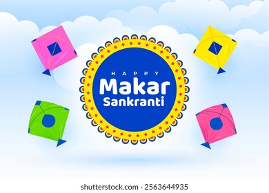 makar sankranti cloudy sky background with colorful kites vector