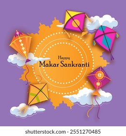  Makar Sankranti with colorful kites flying in the sky and a bright sun at the center The text Happy Makar Sankranti is written on the sun evoking joy and new beginnings






