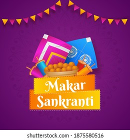 Makar Sankranti Concept With Kites, String Spools, Indian Sweet (Laddu) And Bunting Flags On Purple Background.