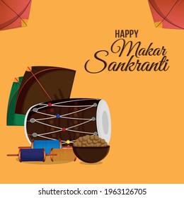 Makar sankranti creative poster with colorful kites and drum