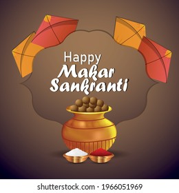 Makar sankranti creative poster with colorful kites and string spool