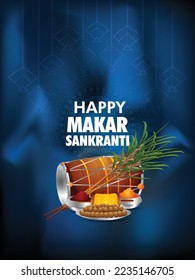 Makar sankranti creative poster with colorful kites and string spool