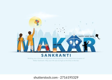 Makar Sankranti diseño de cartel creativo con niño volando cometa y paisaje urbano. Makar Sankranti es un festival de la cosecha hindú celebrado en toda la India. Ilustración vectorial creativa.