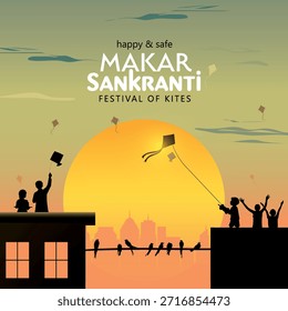 Diseño creativo del cartel de Makar Sankranti con la cometa voladora del niño y el paisaje urbano en la puesta del sol. Makar Sankranti es un festival de la cosecha hindú celebrado en toda la India. Ilustración vectorial creativa.