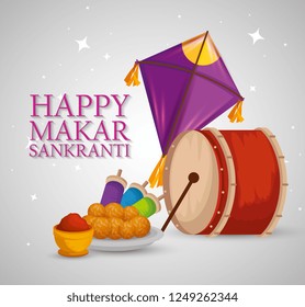 makar sankranti with drum and kites with food