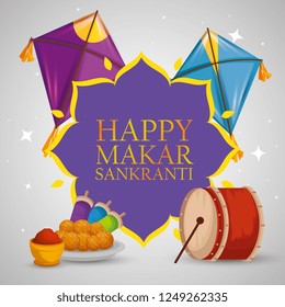 makar sankranti emblem with food and kites