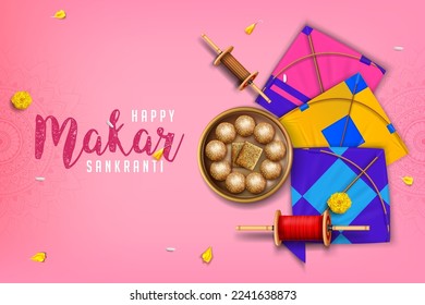 makar sankranti festival background illustration with kite, latai and sweets