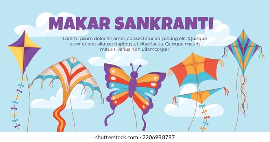 Makar Sankranti Festival Banner Or Greeting Card Mockup With Kites In The Sky, Flat Vector Illustration. Makar Sankranti Holiday Backdrop For Posters And Invitations.