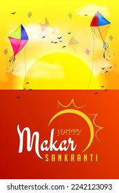 makar sankranti festival banner illustration with sun rising and kites flying