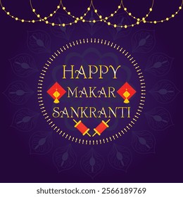 Makar Sankranti festival card with glowing lights, decorative patterns, and traditional celebration elements for Festival banners, social media posts, event flyers, cultural promotions