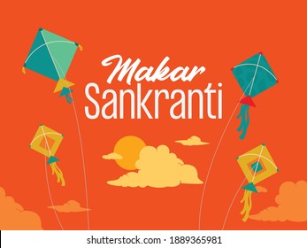 Makar Sankranti festival design template with kites, sun, and cloud elements for banner.