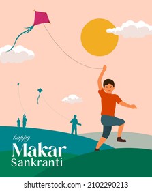 Makar Sankranti festival design template with sun, cloud and kids flying kites. 