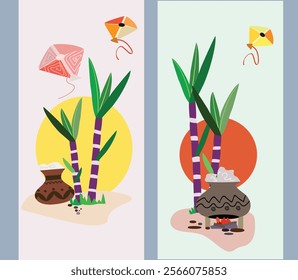 : Makar Sankranti festival. Happy Indian sun celebration day poster flying kites, rice pots. Harvest greeting card or banner or poster vector concept. Hinduism religion, tradition and culture.