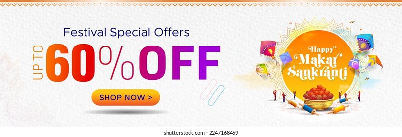 Makar Sankranti Festival and Sale banner, special offers, discount, deals, template Concept design. Sky and Kite flying with 60% off typography. Vector file.