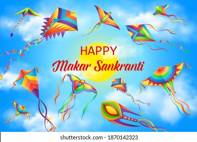 Makar Sankranti festival, winter solstice Hindu calendar holiday poster. Harvest festival celebration background, India and Nepal hinduism religion holiday banner with flying in sky kites vector