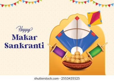 Makar Sankranti Festive Celebration With Kites and Sweets On Purple Color Background. Grand Theme Festival Offer Sale Landing Page Vector Illustration.